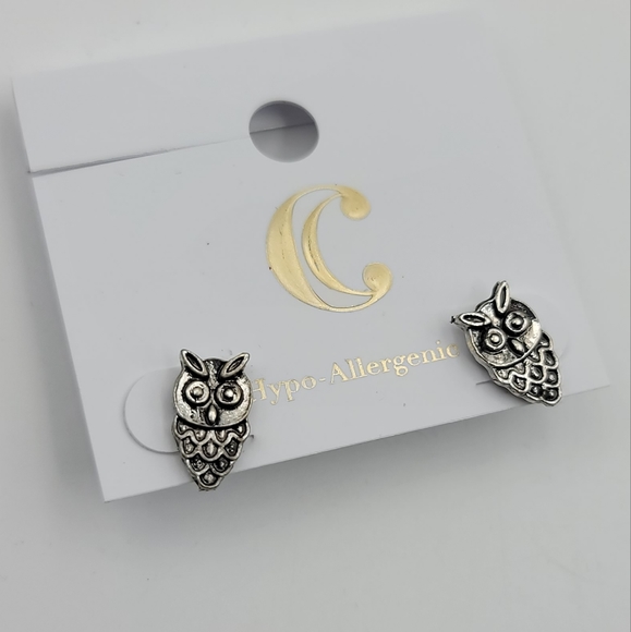 Hypoallergenic silver owl dainty earrings - Picture 1 of 4